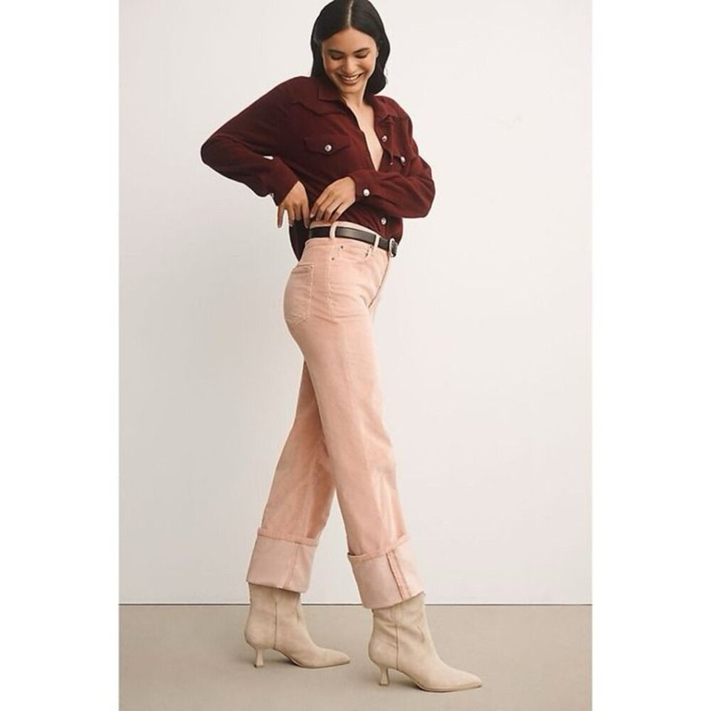 PILCRO Scotty cuffed high rise straight leg corduroy jeans in peach (sz30)
